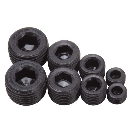 Picture of Edelbrock Fittings Pipe Plug Kit Internal Allen Head 18In 14In 38In 12In NPT Set of 8 Black